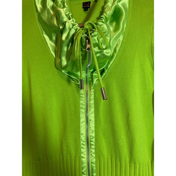 AVA Sweater Womens Large Neon Green Full Front Zip Up Satin Cowl Neck Cardigan - Picture 3 of 12